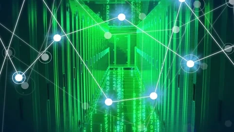 Overlay emerging down server aisle, nodes linking, lines forming web, code Stock-Footage 335652012