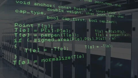 Overlay expanding over server racks invoking InternetReadFile and scrolling code Stock Footage 319682300