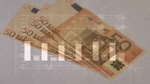 Overlay fading in, 50-euro notes shifting and rotating while showing bars Vídeos de archivo 328685972