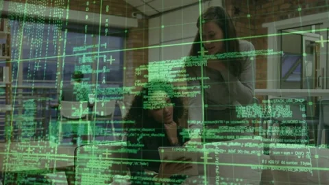 Overlay fading initiating code review seated woman scrolling laptop and standing Stock Footage 319853273