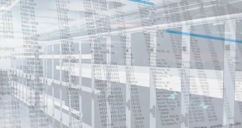 Overlay fading in over server cabinets highlighting scrolling data to monitor Stock Footage 317228276