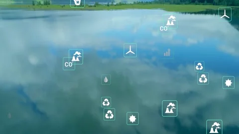 Overlay fading, pullback revealing lake, wind CO2 chart icons floating, Stock Footage 332296156
