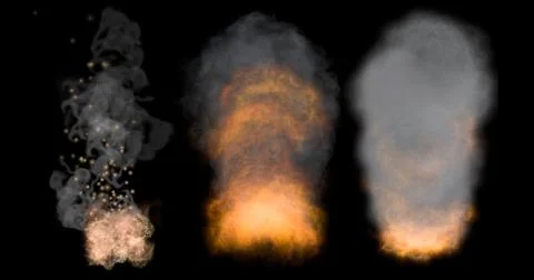Overlay Fire explosion and smoke set isolated on black background, burning .. Stock Photos