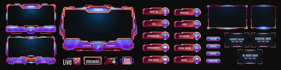 Overlay game interface, neon screen panel, frames Stockillustratie