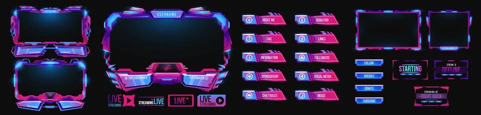 Overlay game stream interface, neon screen frames Stock Illustration