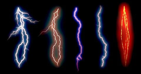 Overlay lightning bolt set isolated on black background, red blue purple el.. Stock Photos