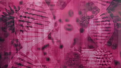 Overlay opening with code emerging, helices receding, virus particles Stock Footage 310643258