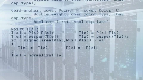 Overlay opening transparent C++ code scrolling over server racks, showing API Stock Footage 317369242