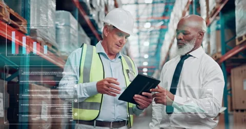 Overlay, people and tablet with data at warehouse for logistics, inventory and Stock Footage 319740049