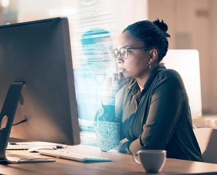 Overlay, programming and code with a black woman developer thinking while Stock Photos