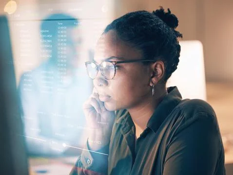 Overlay, programming and coding with a black woman developer thinking while Foto stock
