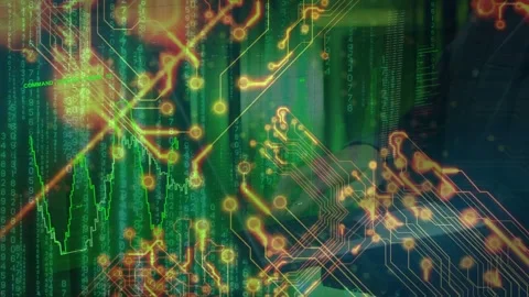 Overlay pulsing as hands touching keyboard, nodes multiplying and charts Stock Footage 335739810