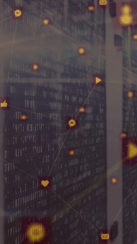 Overlay reacting to binary scroll, forming golden social icon web over data Stock Footage 332823312