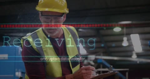 Overlay receiving encrypted data causing inspector checking factory conveyor and Stock Footage 331026962