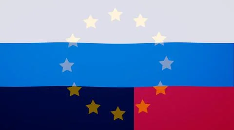 Overlay of the Russian flag with war intelligence and NATO symbols Stock Photos