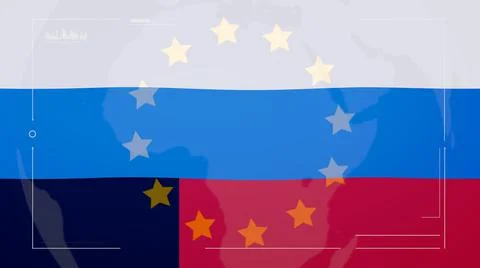 Overlay of the Russian flag with war intelligence and NATO symbols Stock Photos