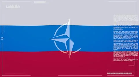 Overlay of the Russian flag with war intelligence and NATO symbols Stock Photos