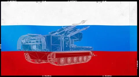 Overlay of the Russian flag with war intelligence and NATO symbols Stock Photos