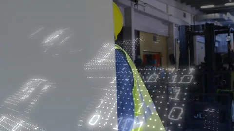Overlay scanning panel initiating technician inspecting fasteners in industrial Stock Footage 310670008