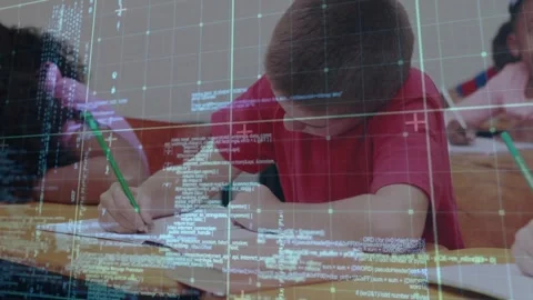 Overlay of scrolling code initiating boy adjusting pencil grip and writing Stock Footage 320089281