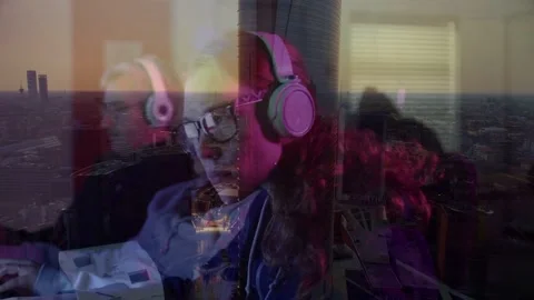 Overlay shifting closer right side woman with headphones, glasses typing, Stock Footage 332936578