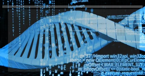 Overlay sliding in triggers blue 3D double-helix rotating while code streams Stock Footage 329115778