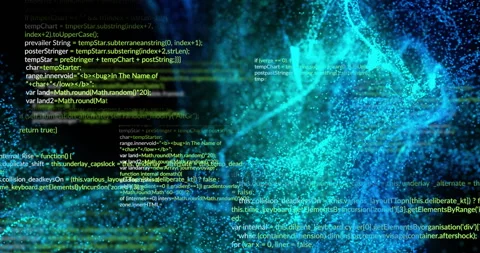 Overlay of source code and digital particle streams flowing in flat design, with Stock Footage 309284833