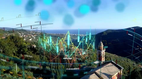 On overlay start animated data graphics pulsing over church tower visualizing Stock Footage 333689454