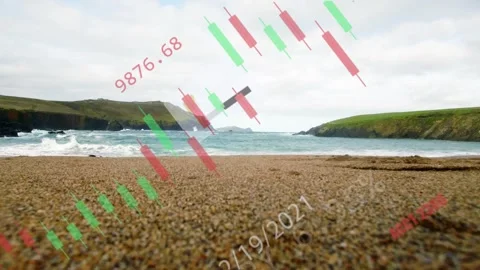 Overlay starting lower left, candle chart drifting over sand label 9876 Stock Footage 333950232