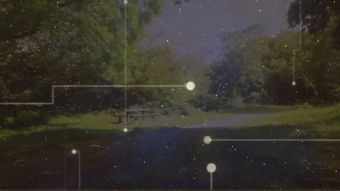 Overlay starting, nodes moving while view panning along path past picnic bench, Stock Footage 333873435