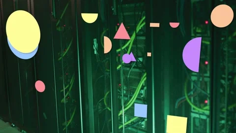 Overlay starting, server rack green cables red LEDs while shapes drifting 動画素材 332981551