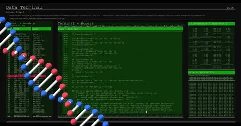 Overlaying 3D DNA double helix crossing wide monitor, displaying Data Terminal, Ilustración de archivo