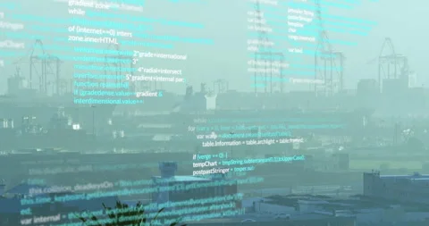 Overlaying animation of computer code, industrial port scene with cranes and Stock Footage 304857752