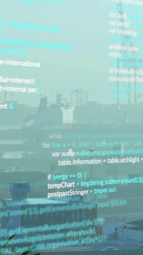 Overlaying animation of computer code, industrial port scene with cranes and Vídeos de archivo 344404313