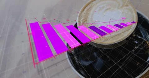 Overlaying bar chart, dotted line graph above cup saucer holding latte on wooden Stock Photos