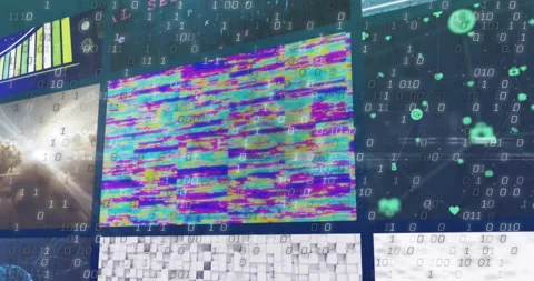 Overlaying binary code, colorful digital patterns creating animation on abstract Stock Footage 304644894