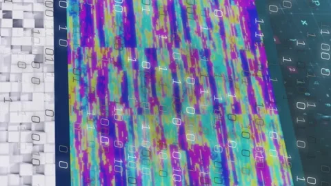 Overlaying binary code, colorful digital patterns creating animation on abstract Stock Footage 313396240