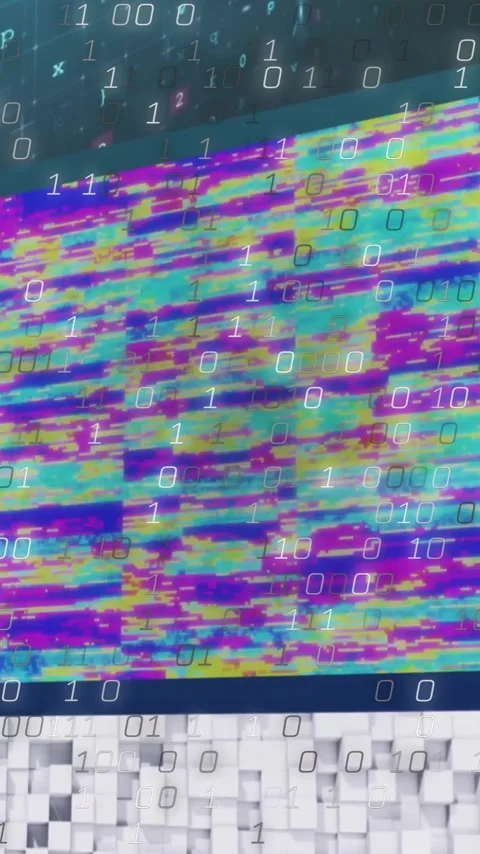 Overlaying binary code, colorful digital patterns creating animation on abstract Stock Footage 319617040