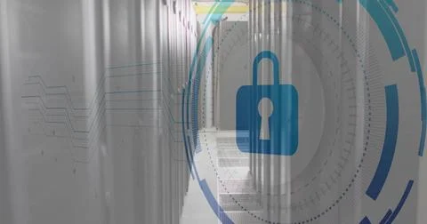 Overlaying blue padlock hovering over data center aisle, showing racks, vents, Stock Photos