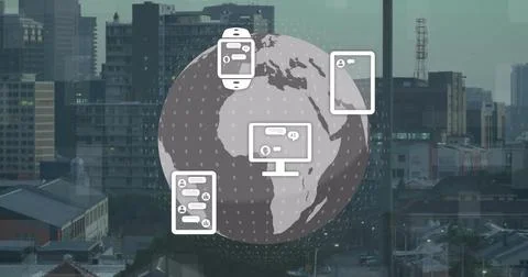 Overlaying centered semi-transparent globe graphic hovering over city skyline, Ilustração Stock