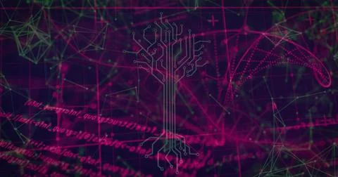 Overlaying circuit-tree graphic in virtual space, neon green network and floa Illustrazione stock