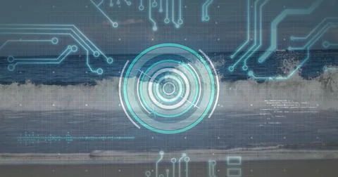 Overlaying circular HUD showing waveform on ocean wave, with turquoise circuit Stock Photos