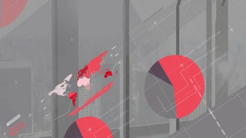 Overlaying cityscape, abstract geometric patterns and data lines creating Stock Footage 306225569