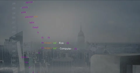 Overlaying cityscape, HTML code with Empire State Building animation in Stock Footage 305829835
