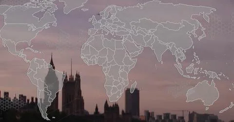 Overlaying clear world map over London skyline at dusk, with Parliament spires, Stock-Fotos