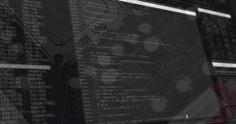 Overlaying code editor window displaying JavaScript code inside hardware with Stock Photos