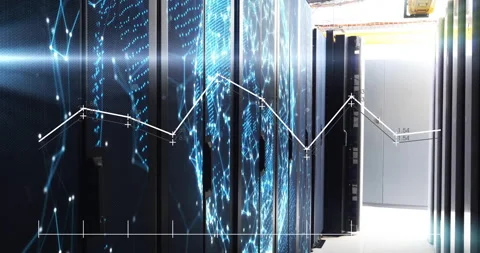 Overlaying data graph in animation with futuristic servers in high-tech data 库存影片 304161264