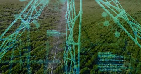 Overlaying data graphics across HV tower and power lines over cropland, with hex Stock Photos