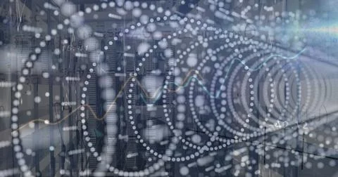 Overlaying data visualization on racks in server room, with network cables, LEDs 스톡 사진