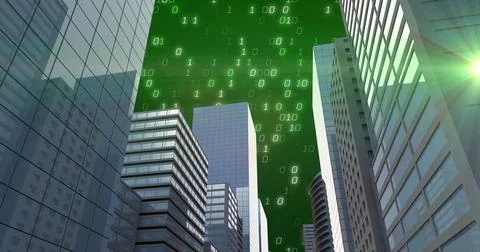 Overlaying digital binary code on modern skyscrapers in financial district Stock Photos